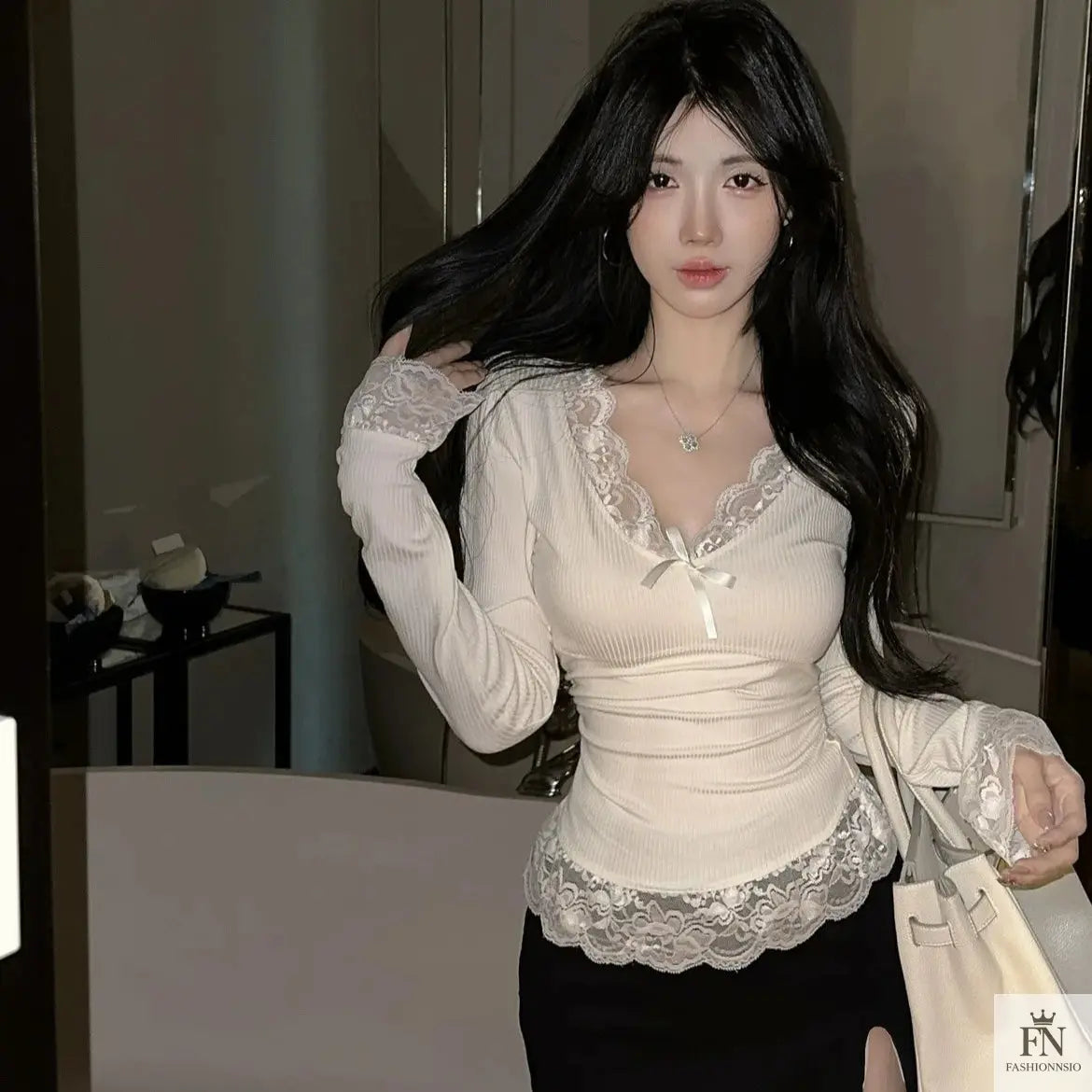 Lace Long Sleeve Bow Top - Fashionnsio