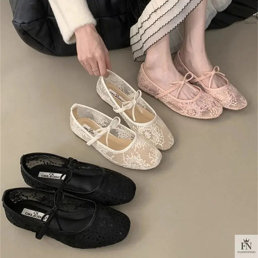 Lace Mesh Ballet Flats - Fashionnsio