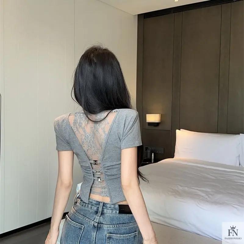 Lace Mesh Crop Tops - Fashionnsio