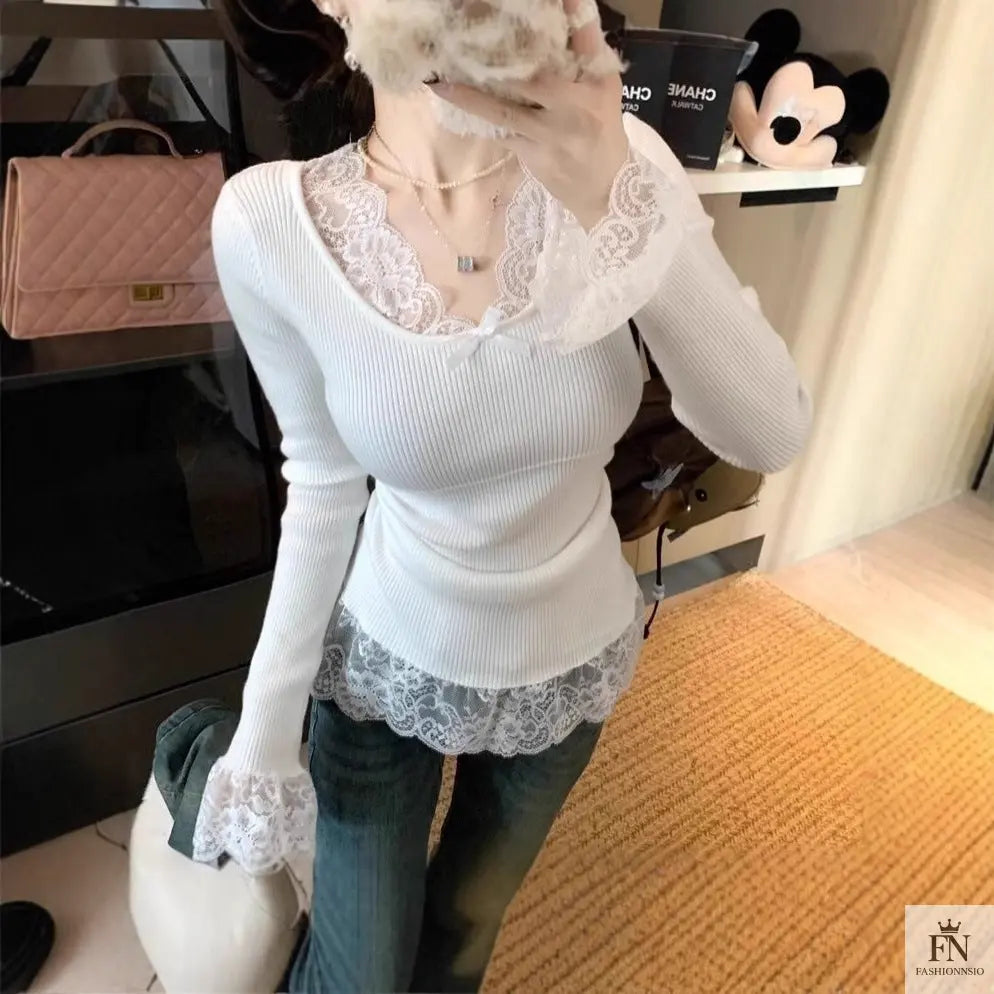 Lace Patchwork Ribbed Korean Top - Fashionnsio
