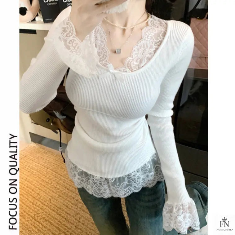 Lace Patchwork Ribbed Korean Top - Fashionnsio