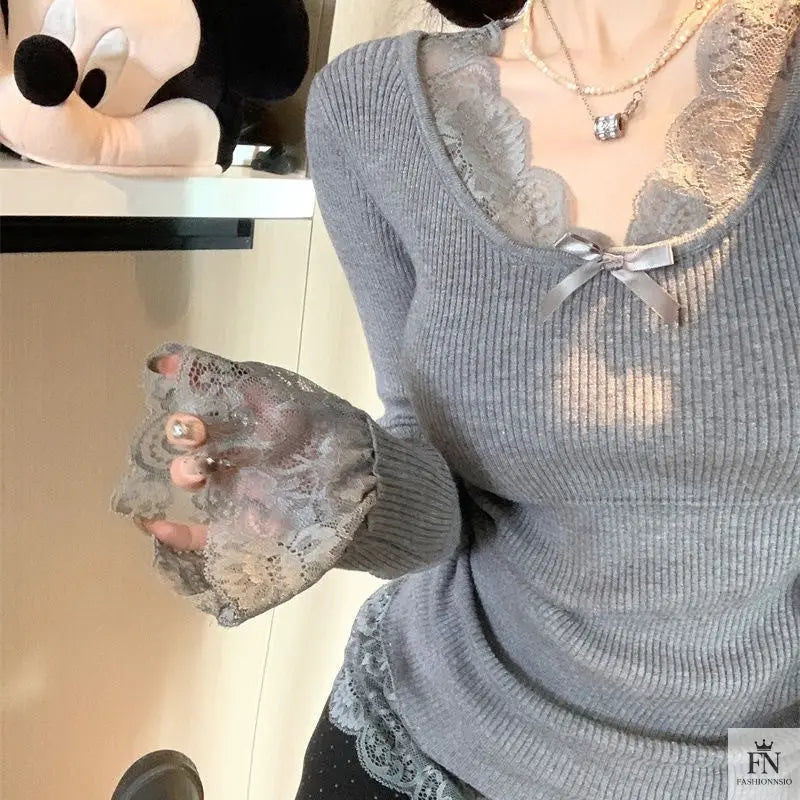 Lace Patchwork Ribbed Korean Top - Fashionnsio