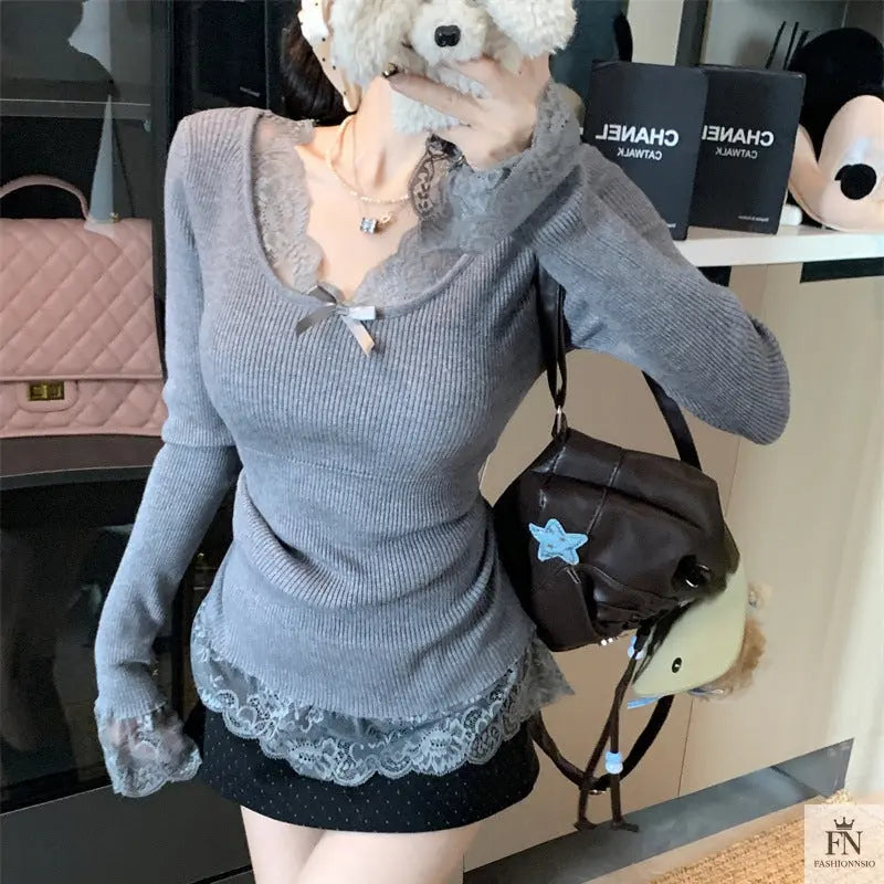Lace Patchwork Ribbed Korean Top - Fashionnsio