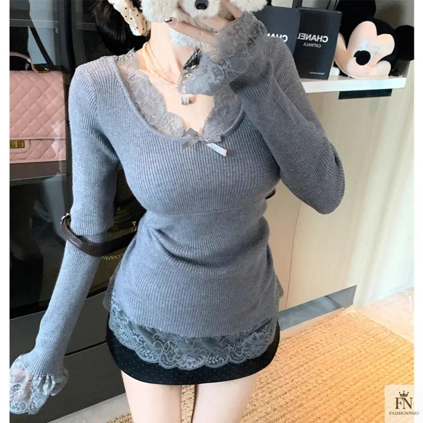 Lace Patchwork Ribbed Korean Top - Fashionnsio