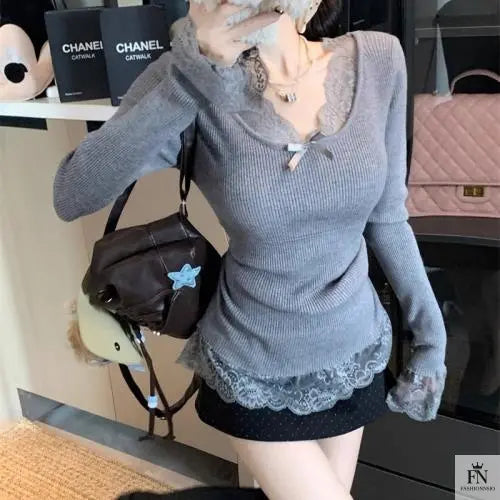 Lace Patchwork Ribbed Korean Top - Fashionnsio