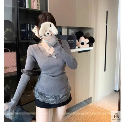 Lace Patchwork Ribbed Korean Top - Fashionnsio