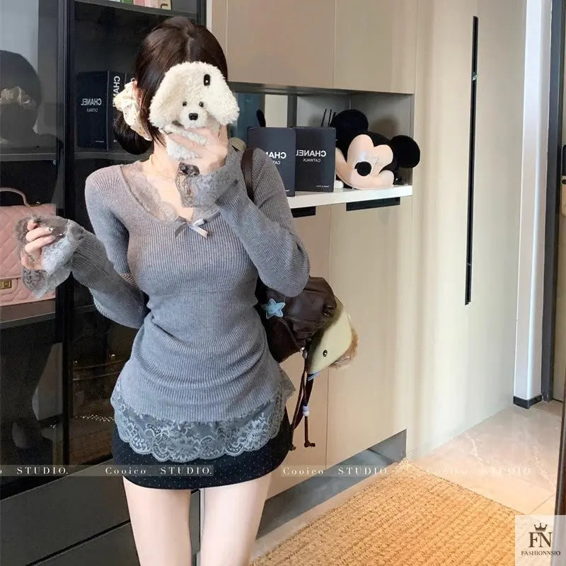 Lace Patchwork Ribbed Korean Top - Fashionnsio