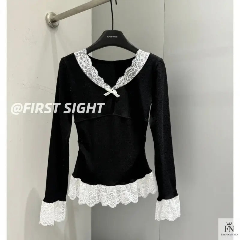 Lace Patchwork Ribbed Korean Top - Fashionnsio