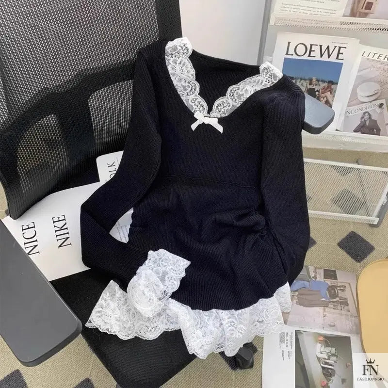 Lace Patchwork Ribbed Korean Top - Fashionnsio