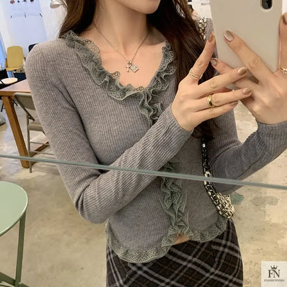 Lace Pleated Long Sleeve Knit Top - Fashionnsio
