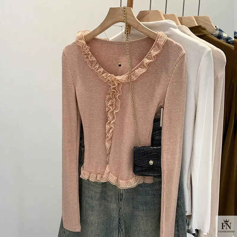 Lace Pleated Long Sleeve Knit Top - Fashionnsio
