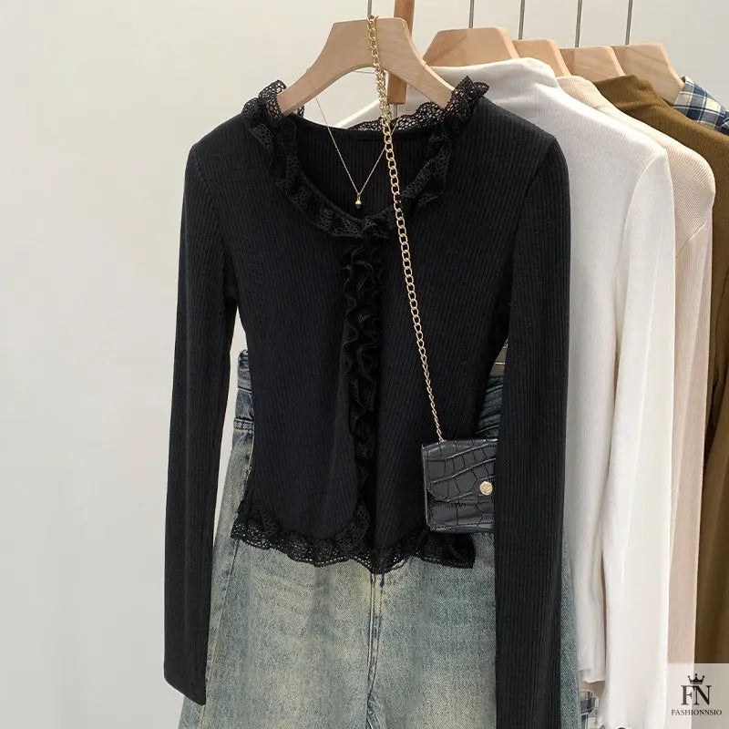 Lace Pleated Long Sleeve Knit Top - Fashionnsio
