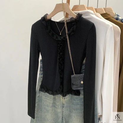 Lace Pleated Long Sleeve Knit Top - Fashionnsio