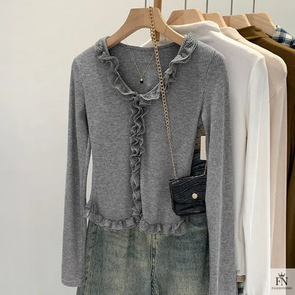 Lace Pleated Long Sleeve Knit Top - Fashionnsio