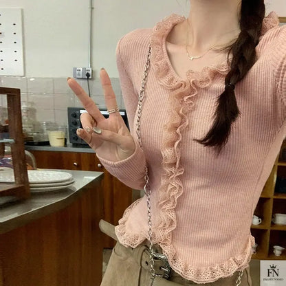 Lace Pleated Long Sleeve Knit Top - Fashionnsio
