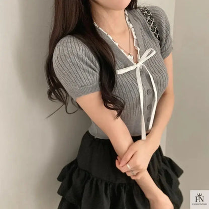 Lace Ribbed Knit Bow Top - Fashionnsio