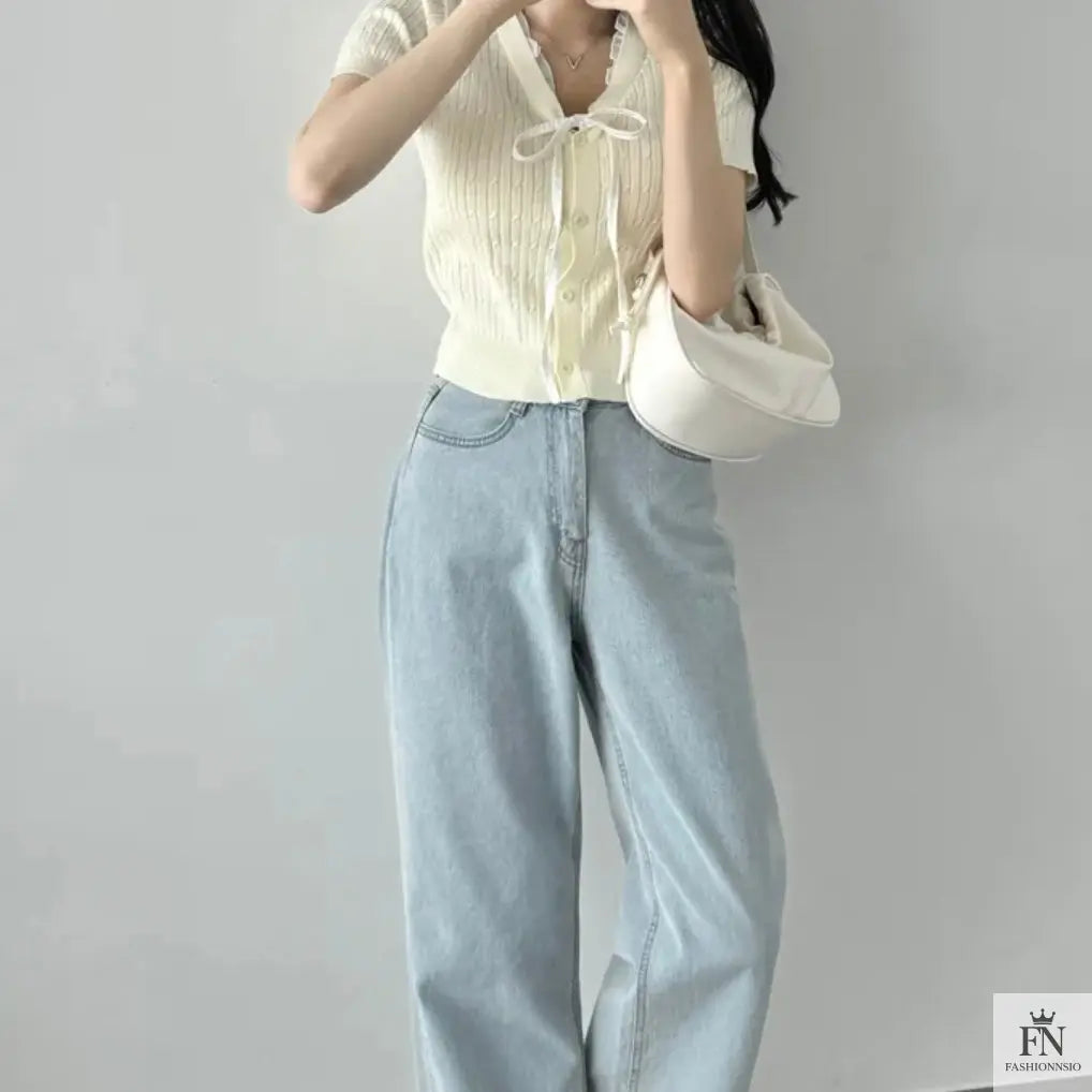 Lace Ribbed Knit Bow Top - Fashionnsio