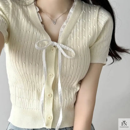 Lace Ribbed Knit Bow Top - Fashionnsio