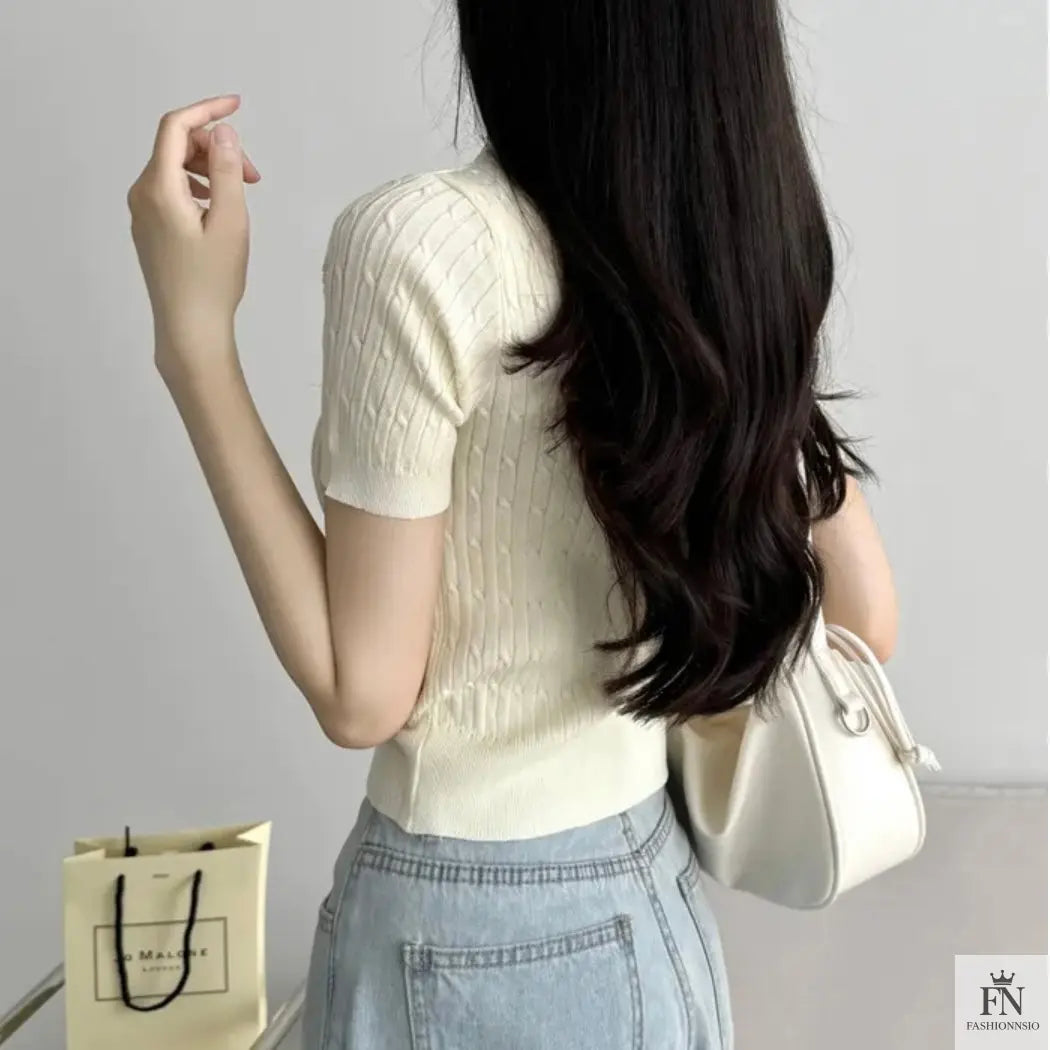 Lace Ribbed Knit Bow Top - Fashionnsio