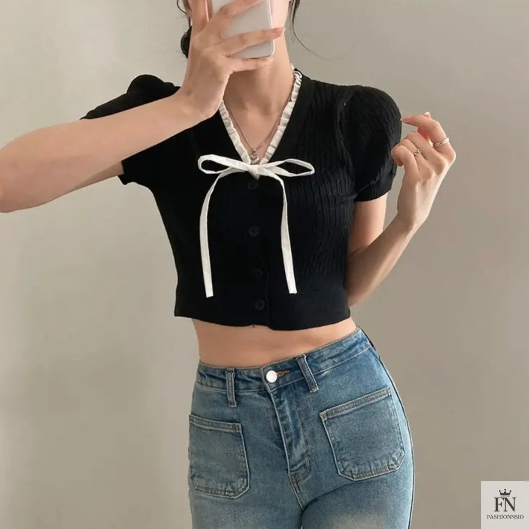 Lace Ribbed Knit Bow Top - Fashionnsio