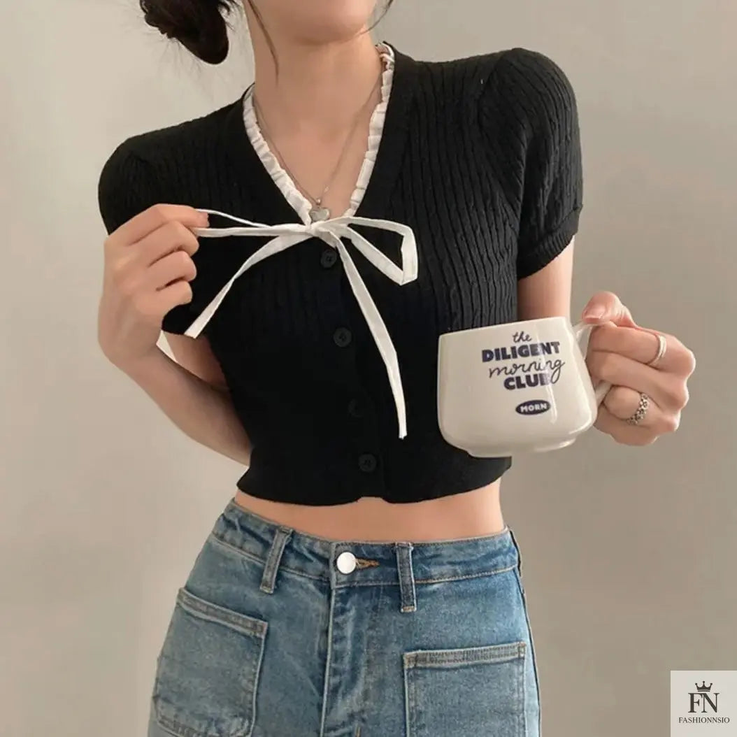 Lace Ribbed Knit Bow Top - Fashionnsio