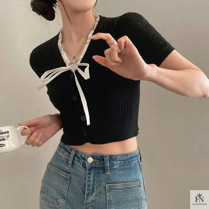 Lace Ribbed Knit Bow Top - Fashionnsio