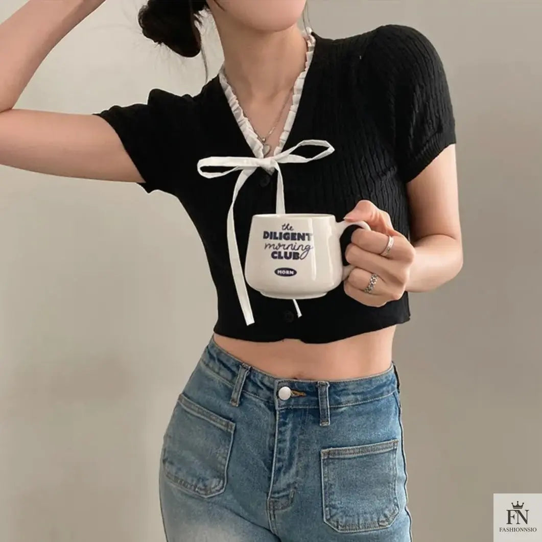 Lace Ribbed Knit Bow Top - Fashionnsio