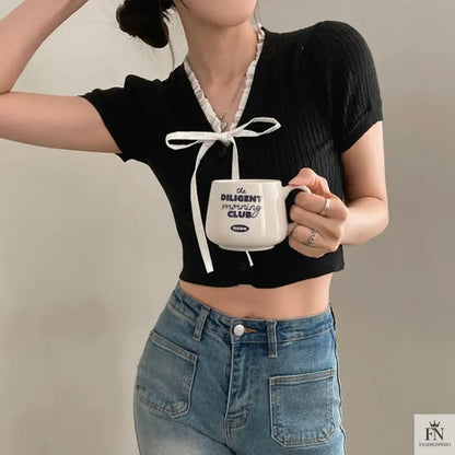 Lace Ribbed Knit Bow Top - Fashionnsio