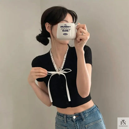 Lace Ribbed Knit Bow Top - Fashionnsio