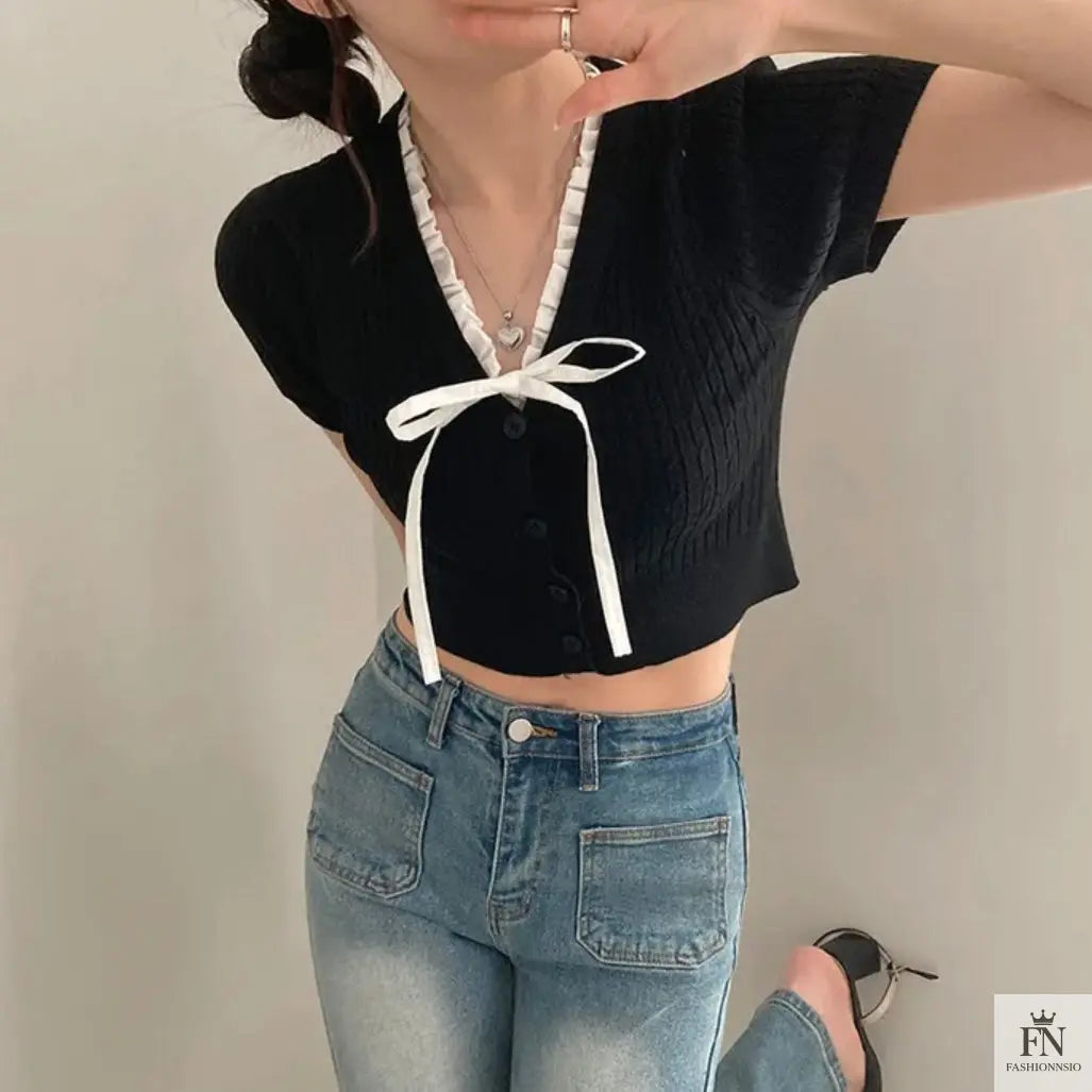 Lace Ribbed Knit Bow Top - Fashionnsio