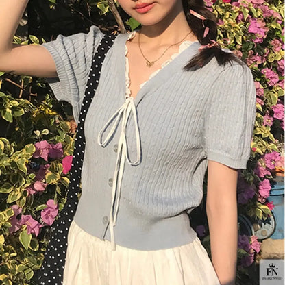 Lace Ribbed Knit Bow Top - Fashionnsio