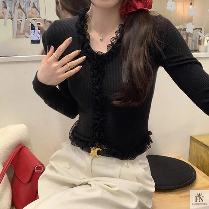 Lace Pleated Long Sleeve Knit Top - Fashionnsio