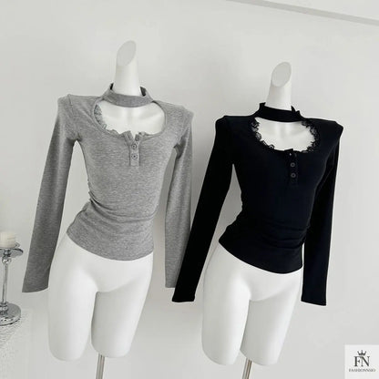 Lace Choker Neck Y2K Top - Fashionnsio