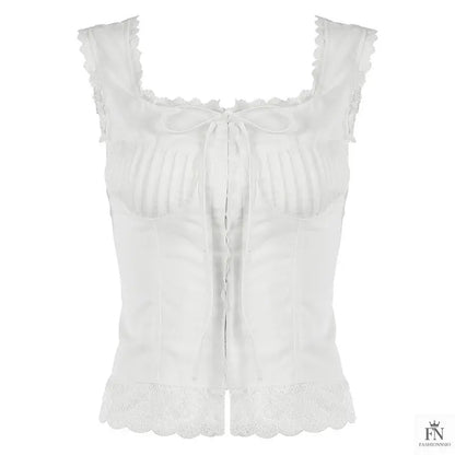 Lace Trimmed Fitting Bow Top - Fashionnsio