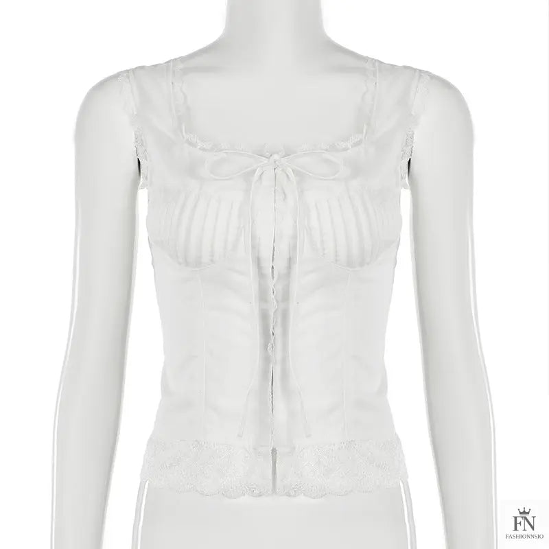 Lace Trimmed Fitting Bow Top - Fashionnsio