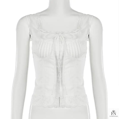 Lace Trimmed Fitting Bow Top - Fashionnsio