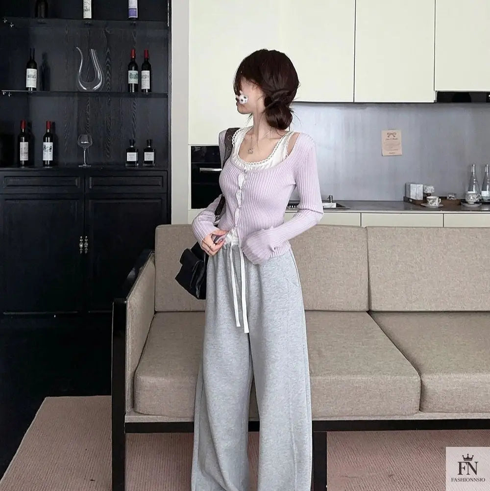 Lace Two Piece Ribbed Knit Top - Fashionnsio