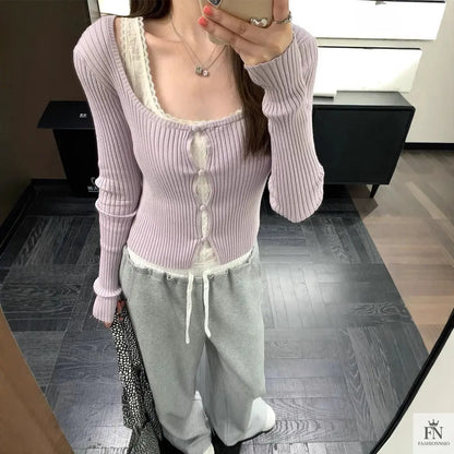 Lace Two Piece Ribbed Knit Top - Fashionnsio