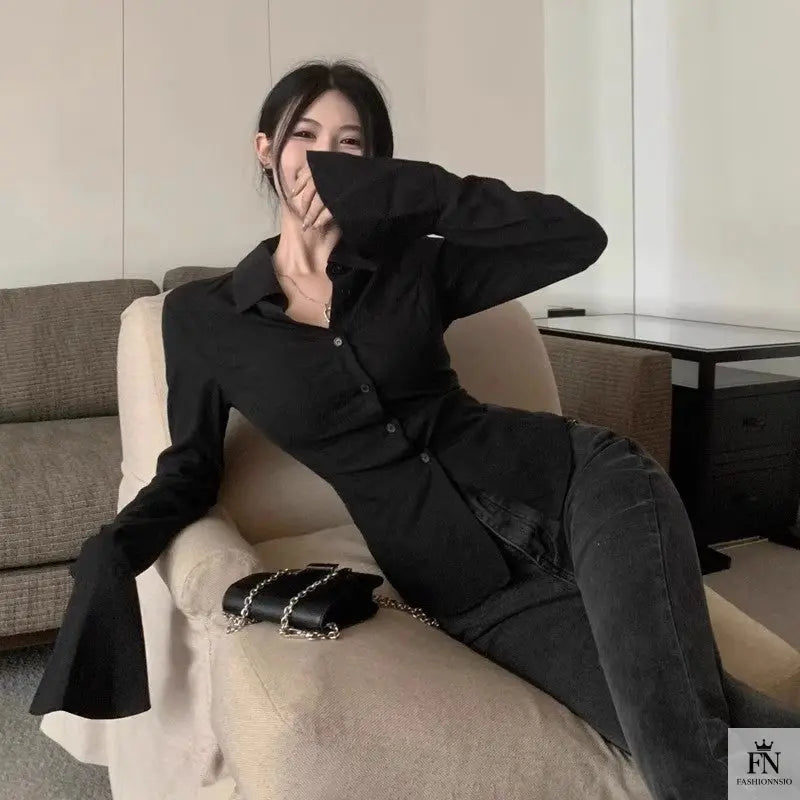 Lantern Sleeve Lace Up Fitted Shirt - Fashionnsio