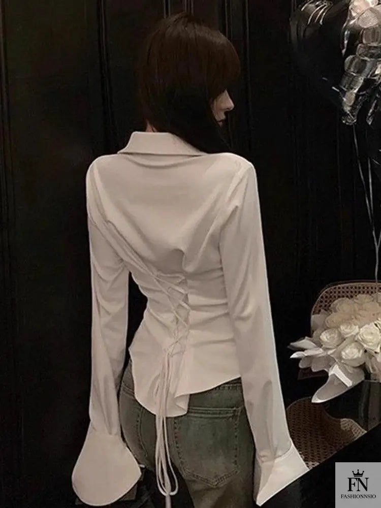 Lantern Sleeve Lace Up Fitted Shirt - Fashionnsio