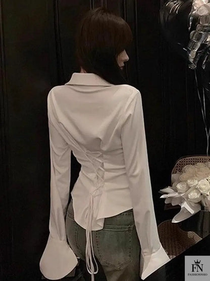 Lantern Sleeve Lace Up Fitted Shirt - Fashionnsio