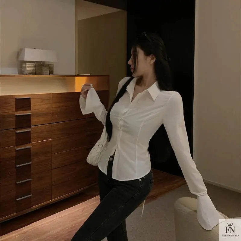 Lantern Sleeve Lace Up Fitted Shirt - Fashionnsio