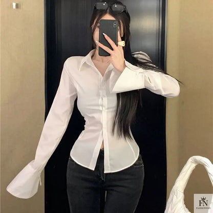 Lantern Sleeve Lace Up Fitted Shirt - Fashionnsio