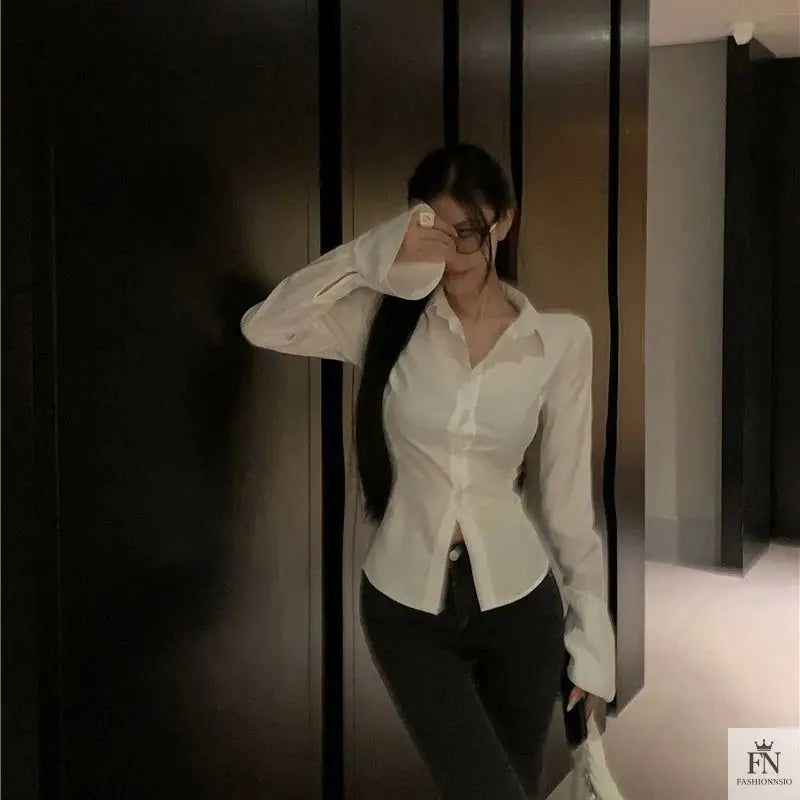 Lantern Sleeve Lace Up Fitted Shirt - Fashionnsio