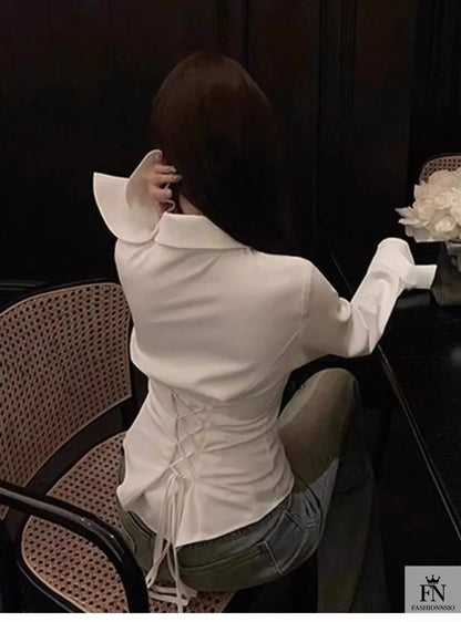 Lantern Sleeve Lace Up Fitted Shirt - Fashionnsio