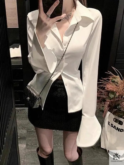 Lantern Sleeve Lace Up Fitted Shirt - Fashionnsio