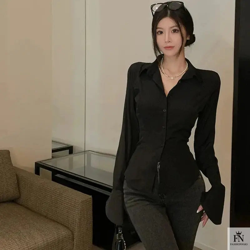 Lantern Sleeve Lace Up Fitted Shirt - Fashionnsio