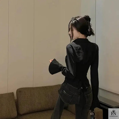 Lantern Sleeve Lace Up Fitted Shirt - Fashionnsio