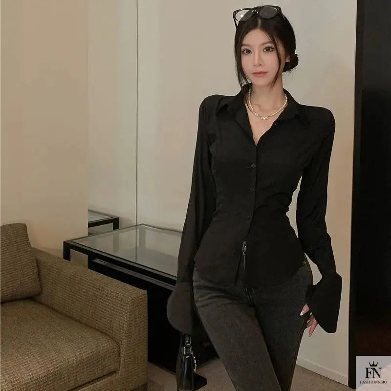 Lantern Sleeve Lace Up Fitted Shirt - Fashionnsio