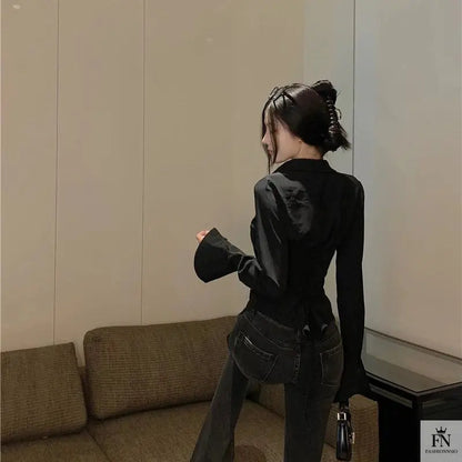 Lantern Sleeve Lace Up Fitted Shirt - Fashionnsio